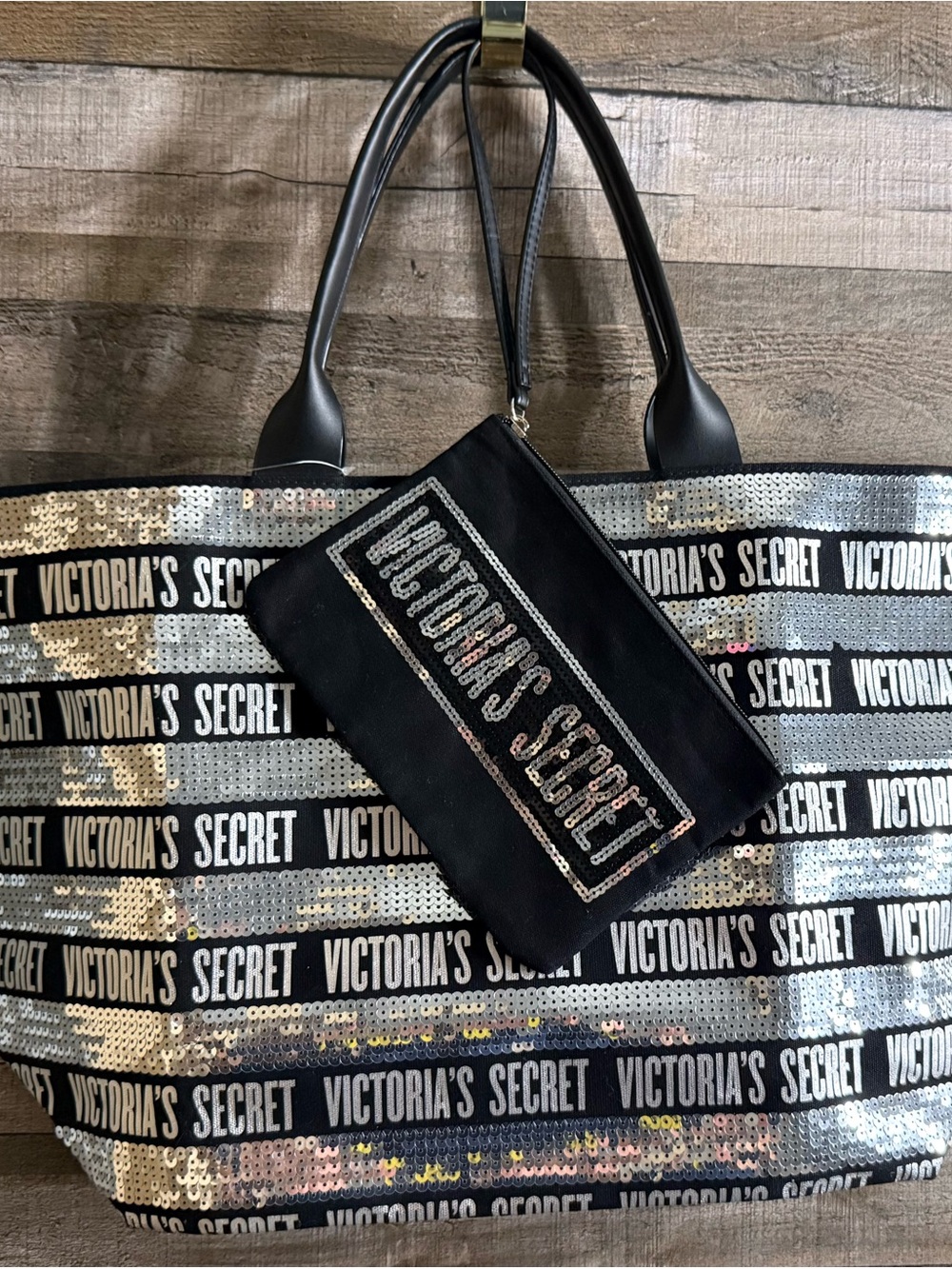 NWT Victoria's Secret Holiday Limited Edition Black/Silver Sequin Stripe Tote
